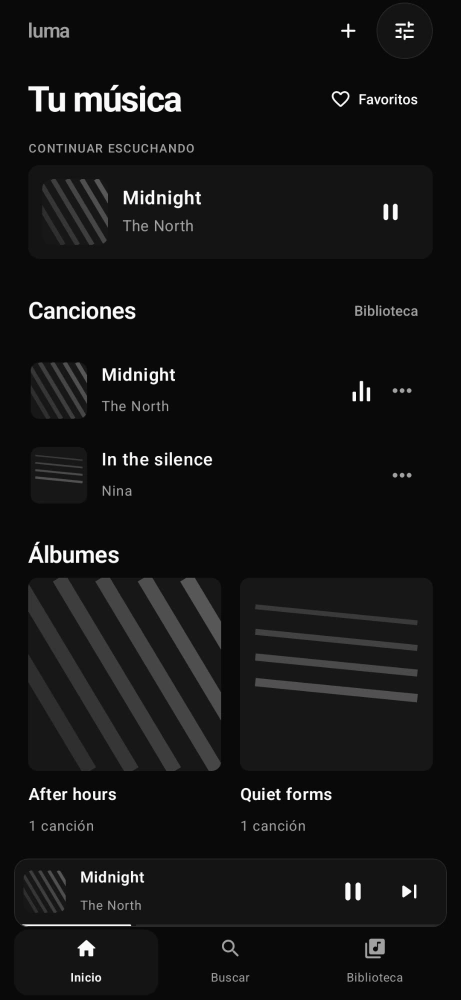 Captura nativa de Luma: Pantalla Inicio, tema oscuro